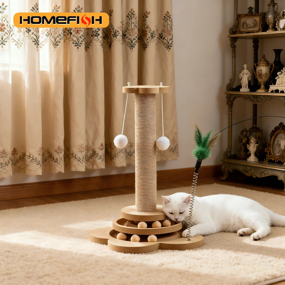 🐱 Wooden Cat Turntable Toy – Sisal Scratching & Ball Play